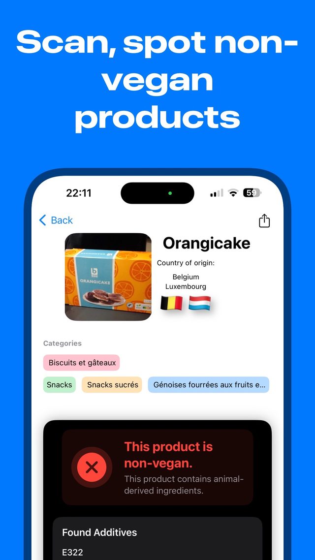 VeganCheckr vegan scanner app showing a scanned product marked non-vegan with the additive E322 flagged
