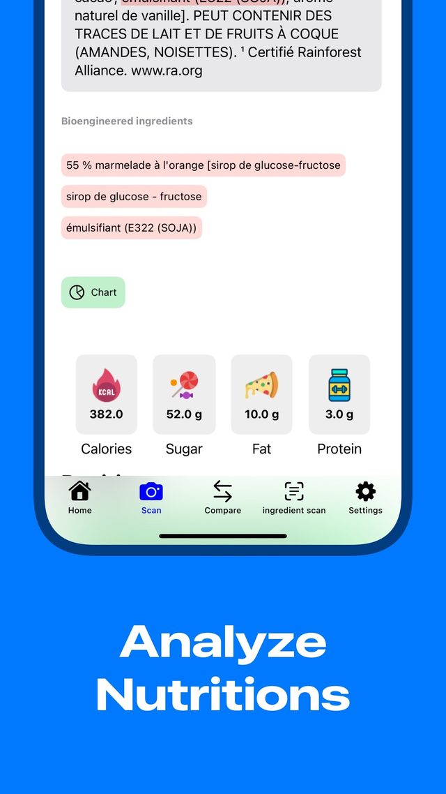 Ingredient analysis with flagged additives and nutrition facts: calories, sugar, fat and protein