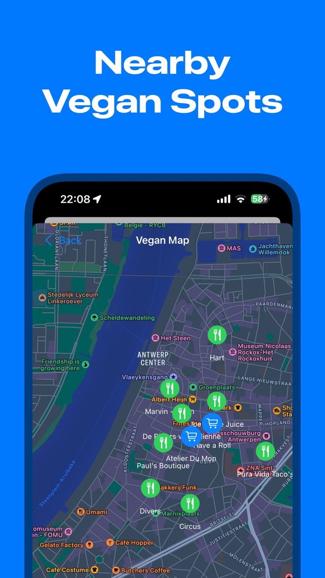 Vegan Map showing nearby vegan-friendly restaurants and shops